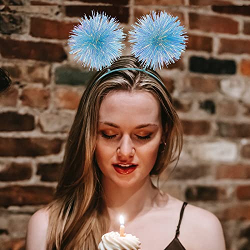 Beavorty Foil Strips Headband with Pom Pom Fluffy Balls - Tinsel Head Bopper Cosplay Hair Accessory - color: Blue