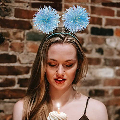 Beavorty Foil Strips Headband with Pom Pom Fluffy Balls - Tinsel Head Bopper Cosplay Hair Accessory - color: Blue