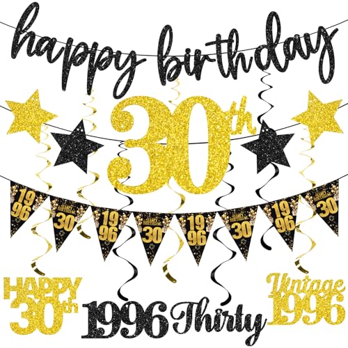 12PCS 30th Birthday Decorations for Her Him, Black Gold Vintage 1996 Happy 30th Birthday Banner Triangle Flag Banner Glitter Hanging Swirls Party Supplies Men Women, Cheers to 30 Years Old Bday Decor - style: Black Gold 30th