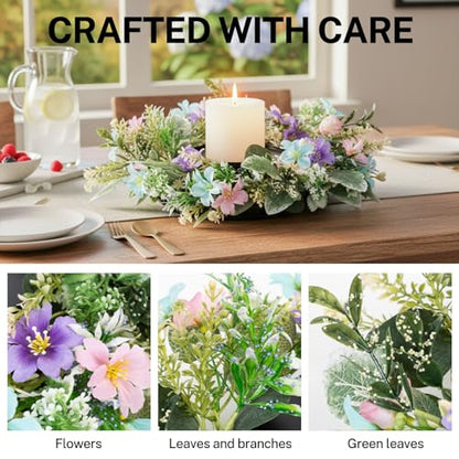 MOYEE Candle Holder Centerpieces for Tables,Candle Ring,Wreaths, Black Metal Paired Artificial Flowers 14 in Versatile Dining Table Centrepiece (Blue Purple Combination) - color: Blue and Purple Flower Wreath