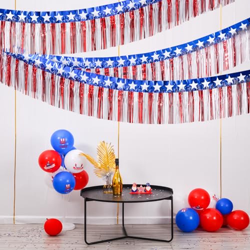 Mega-L 4th of July Decorations 2 Pack 40 Feet Foil Fringe Garland Tinsel Streamers, Red White and Blue Star Metallic Hanging Backdrop Banner Table Skirts for Parade Floats Memorial Day Patriotic Party