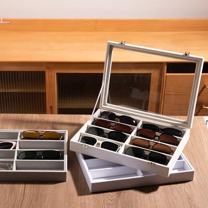 Frebeauty Sunglass Organizer,Velvet Glasses Organizer,8-Slot Sunglasses Tray with Clear Lid,Men's/Women's Sunglasses Box,Sunglass Case,13.3 x 9.6 x 2.2 Inches,Eyeglass/Eyewear Display Tray(White) - color: White, style: With Lid