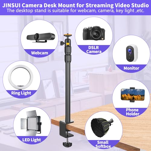 Camera Desk Mount Webcam Stand with 360° Ball Head, Adjustable Table Light Stand 14"-33", Tabletop C Clamp for DSLR Camera, Ring Light, Live Streaming, Photo Video Studios
