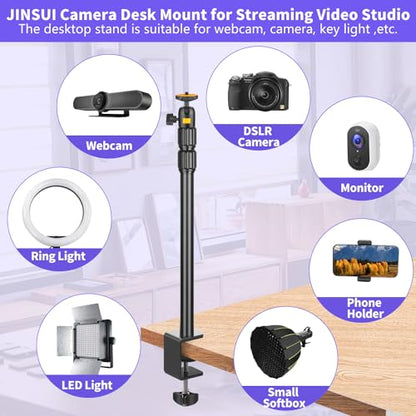 Camera Desk Mount Webcam Stand with 360° Ball Head, Adjustable Table Light Stand 14"-33", Tabletop C Clamp for DSLR Camera, Ring Light, Live Streaming, Photo Video Studios