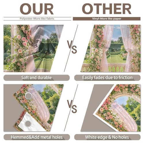 Fabric 10x8ft Spring Window Scenery Photography Backdrop Pink Flowers Rose Graden Background Girl Princess Wedding Bridal Shower Birthday Party Decorations Photo Props - size: 10'x8'