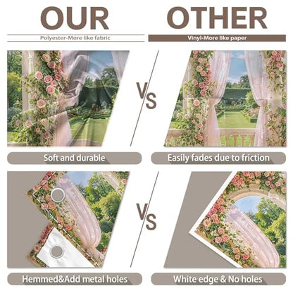 Fabric 10x8ft Spring Window Scenery Photography Backdrop Pink Flowers Rose Graden Background Girl Princess Wedding Bridal Shower Birthday Party Decorations Photo Props - size: 10'x8'