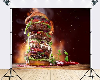 Trykid 10x7ft Giant Stacked Burger Backdrop Spicy Beef Flame Grilled Gourmet Food Scenery Photography Background Culinary Delight Tapestry Party Decoration Photo Booth Prop Fabric - size: 10x7ft