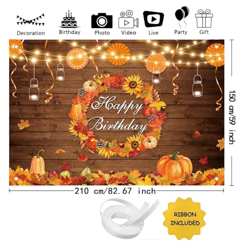 AIBIIN Fall Birthday Banner Backdrop Autumn Rustic Wood Wall Photography Background Thanksgiving Pumpkin Maple Leaf Harvest Wreath Mexican Paper Fan Party Decoration Bday Cake Smash Photo Studio Props - size: 7x5ft