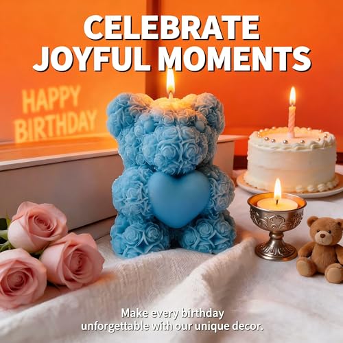 Cute Bear with Heart Scented Candle,60G Teddy Bear Rose Clusters Aesthetic Handmade Soy Wax Aroma Decorative Candle for Table Photo Prop Wedding Birthday Gift,Prefect for Meditation Stress-Blue