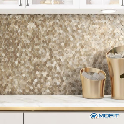 3D Metal Peel and Stick Backsplash for Kitchen,Mini Hexagon Tile Stickers Self Adhesive Wall Tiles Heat Resistant(8 Sheets,Champagne Gold) - color: Champagne Gold