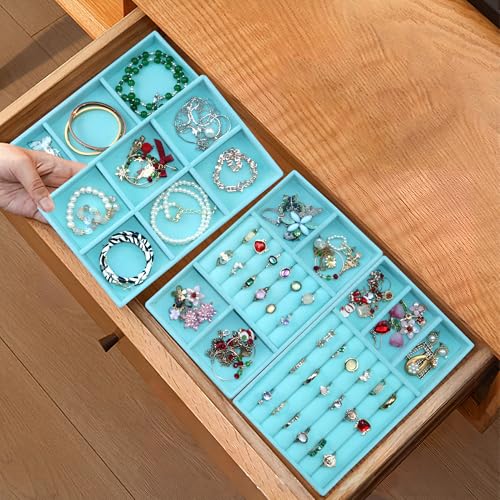 8 Pcs Velvet Jewelry Tray Stackable Jewelry Drawers Organizer Trays Rings Earrings Bracelet Organizer (8.2" x 5" x 1") - color: Blue, size: 8 Pcs