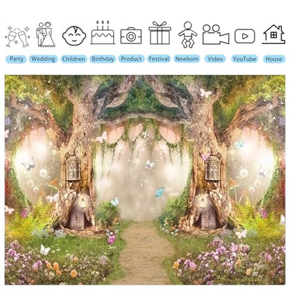 Enchanted Forest Backdrop Fairytale Fairy Photography Background Birthday Party Decoration for Girls Photo Booth Props 9x6ft - size: 9X6FT