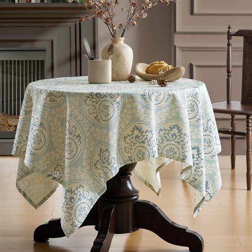 Vintage Blue Damask Square Tablecloth: Floral Linen Farmhouse Table Cloth - Pattern Printed on Burlap Textured Fabric Outdoor Table Cover for Kitchen,Dining,Party,Picnic Decor, 55x55 Inch - color: Damask Blue, size: 55" x 55" (Square)
