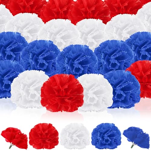 Syhood 50 Pcs 4th of July Marigold Flower Bulk Memorial Day Decorations Patriotic Flowers for Floral with Stems DIY Garland(2.4 Inch, Independence Day Colors) - color: Blue, Red, White