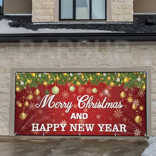 Christmas Garage Door Banner, 16ft x 7ft Merry Christmas Garage Cover Large Xmas Party Background Decoration for Photography, Holiday Photo Booth Props Outdoor Hanging Decor for Winter Supply - color: Christmas Red Gold