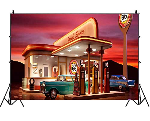 50s Backdrop for Bathday Party Route 66 Gas Station Vintage Car Photography Background 9x6ft Party Decor Banner Photo Studio Photography Props BJXPVV8 - size: 9X6 FT