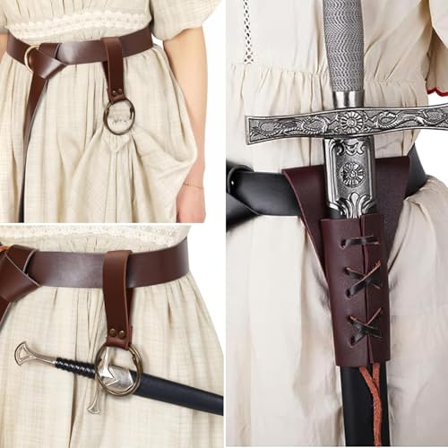 4PCS Medieval Leather Sword Frog Dagger Holder Belt Rapier Scabbard Viking Knight Renaissance Belt Pouch Halloween Costume - color: Pattern-brown