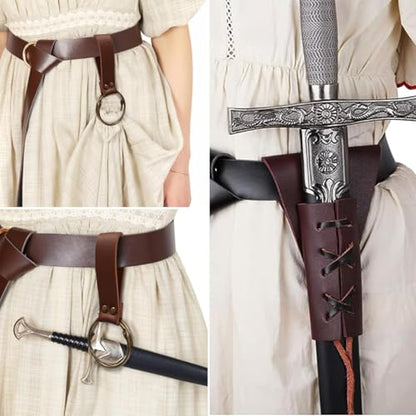 4PCS Medieval Leather Sword Frog Dagger Holder Belt Rapier Scabbard Viking Knight Renaissance Belt Pouch Halloween Costume - color: Pattern-brown