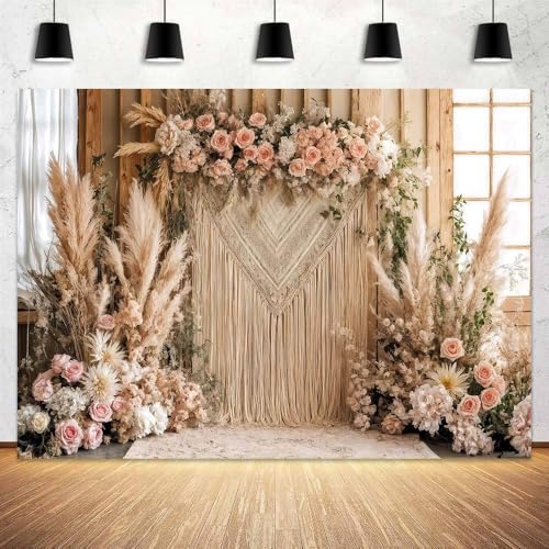 5 x 3 ft Bohemian Pampas Grass Flower Backdrop Retro Boho Flowers Window Photography Background Bridal Shower Anniversary Birthday Baby Shower Decoration - color: Beige, size: 5x3ft