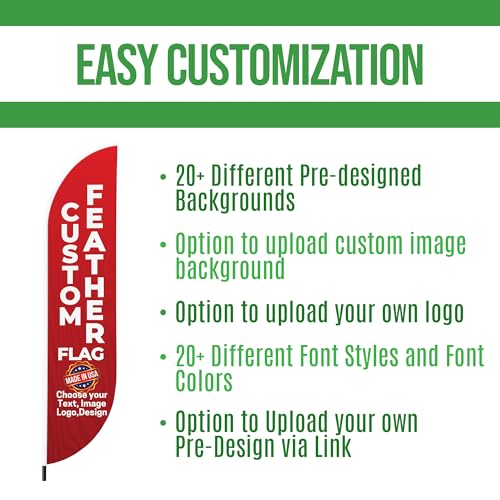 Custom Feather Flag by BCB Print, Personalized Swooper Flag with Photo, Text or Logo, 11.5x2.5 FT Single-Sided HD Print, Optional Add-On 15 FT Pole Kit & Ground Spike, Made in USA, Fast Delivery - color: Feather Flag +/– Ground Spike Kit