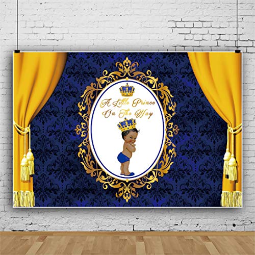 Leyiyi 10x6.5ft A Little Prince on The Way Backdrop Royal Prince Crown Cute Baby Gold Dark Blue Photography Background Lace Curtain Texture Decor Banner Newborn Boy Baby Shower Dessert Table Decor - size: 10x6.5ft