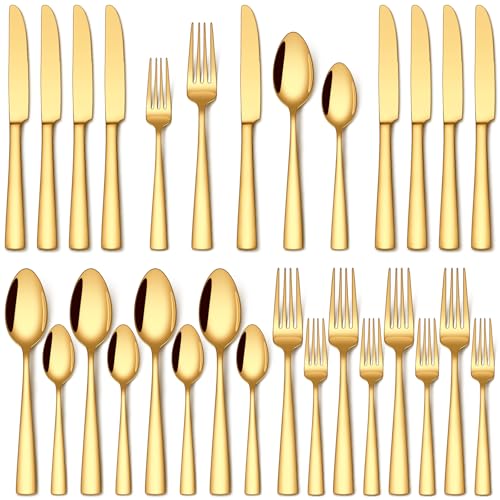 Stapava 20 Pcs Gold Silverware Set, Food-Grade Stainless Steel Flatware Sets for 4 Mirror Polished Cutlery Utensil Sets Include Dinner Knives Spoons and Forks Set Dishwasher Safe for Home Restaurant - color: Gold