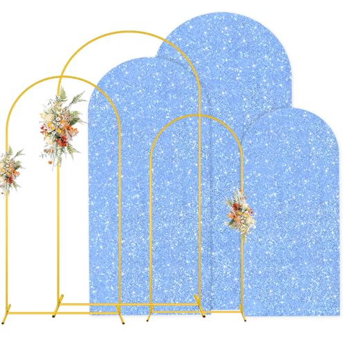 MODFUNS Metal Arch Backdrop Stand and Cover Set 4&5&6ft Light Blue Sequins Arch Backdrop Cover Set of 3 Balloon Arch Frame Romantic Arch Stand with Covers for Wedding Birthday Party Decoration - color: Light Blue, size: 4&5&6FT-Set