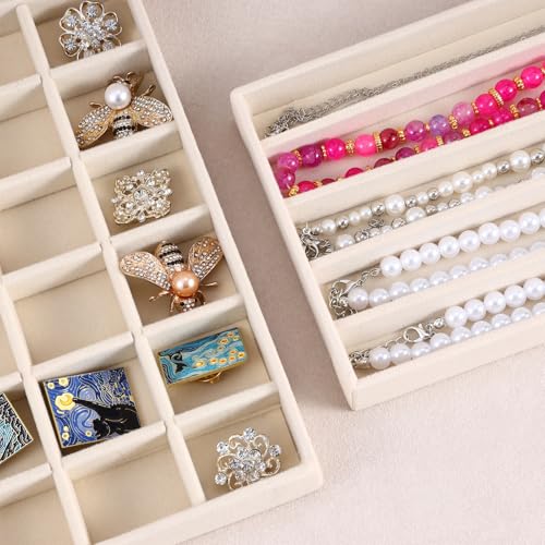 9 Pcs Stackable Jewelry Organizer Trays Velvet Jewelry Organizer for Drawer Adjustable Earring Necklace Ring Bracelet Display Storage Case, Beige
