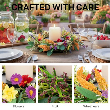 MOYEE Candle Holder Centerpieces for Tables,Candle Ring,Wreaths, Black Metal Paired Artificial Flowers 14 in Versatile Dining Table Centrepiece (Golden Wheat Ear) - color: Golden Wheat Ear Wreath