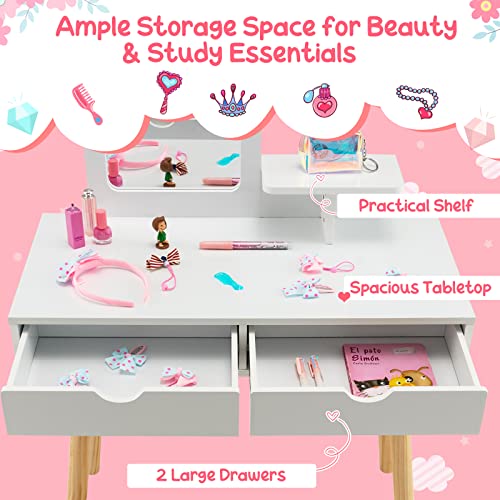 Costzon Kids Vanity Set, Girls Vanity Set with Mirror and Stool, 2 Large Drawers, Storage Shelf, Wooden Princess Makeup Dressing Table, Pretend Play Vanity Table and Chair Set for Toddlers, White - style: White with Square Mirror