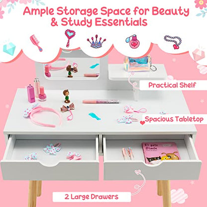 Costzon Kids Vanity Set, Girls Vanity Set with Mirror and Stool, 2 Large Drawers, Storage Shelf, Wooden Princess Makeup Dressing Table, Pretend Play Vanity Table and Chair Set for Toddlers, White - style: White with Square Mirror