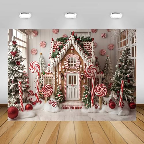AIBIIN 7x5ft Winter Gingerbread House Backdrop Christmas Wonderland Decoration Festive Holiday Photo Background with Candy Cane, Snow Trees, and Lollipops Christmas Party Photography Backdrop - color: Gingerbread House, size: 7x5ft