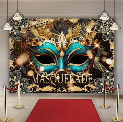 Masquerade Backdrop, Mardi Gras Luxury Glitter Gold Retro Backdrops for Ball Dance Mask Birthday Party Photography Decorations Supplies Favors Banner Photo Booth Props, 8 x 6 ft - size: 8x6ft