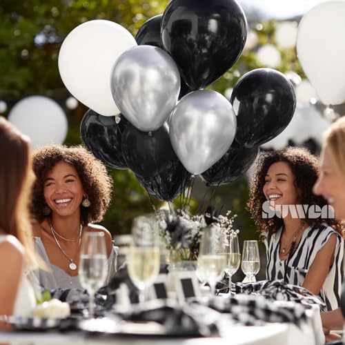 SUWEN Black and Silver Balloons,60pcs 12 inch Black White Silver Metallic Chrome Balloons for New Year Birthday Wedding Anniversary Party Decoration - color: Black Silver