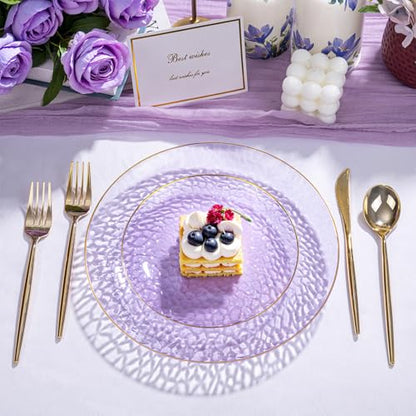 Rubtlamp 60Pcs Clear Purple Gold Plastic Plates, Purple Disposable Plates With Gold Rim, Hammered Plastic Plates Include 30 Clear Dessert Plates, 30 Dinner Plates for Party - color: Clear Purple Gold