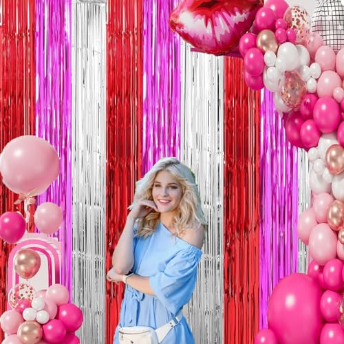 Valentine's Day Photo Booth Props Valentines Party Decorations Red Hot Pink Sliver Foil Fringe Curtain Photo Backdrop for Valentines Day Bridal Shower Pink Birthday 21st Decor 3 Pack,9.9x19.8ft