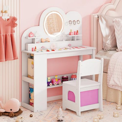 Costzon Kids Vanity, Girls Vanity Set with Lighted Mirror, Bookshelf, Drawers, Hooks & Storage Shelves, Toddler Makeup Vanity Desk Dressing Table, Wooden Kids Vanity Table and Chair Set (White) - style: White with Bookshelf