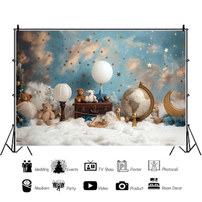 YongFoto Travel Adventure Theme Backdrop 6x4ft Cute Clouds Sky Stars Bear Globe Photography Background Adventure Awaits Baby Shower Girl Boy 1st 2nd Birthday Party Banner Kids Portraits Photoshoot - color: Style 3, size: 6ftx4ft
