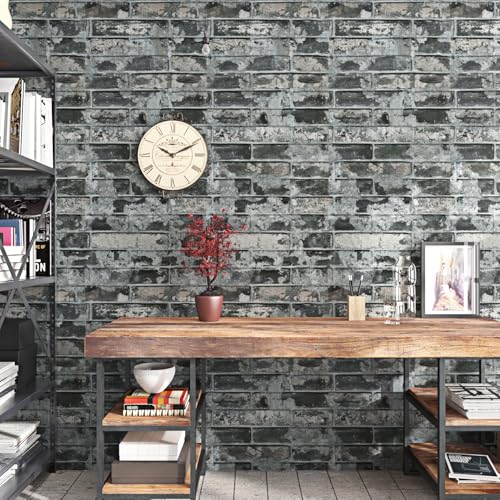 Wallercity Distressed Gray/Black Brick Wallpaper Peel and Stick Faux Brick Wallpaper Rustic Stone Decorative Contact Paper for Cabinets Removable 15.8"x315" Bricky Vinyl Contact Paper for Accent Wall - color: Gray, size: 15.8" x 315"