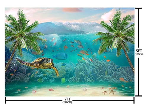 7x5ft Summer Underwater Photography Backdrop Sea Waves Under The Sea Turtle Fishes Palm Trees Corals Photo Background Beach Ocean Theme Birthday Decorations Props
