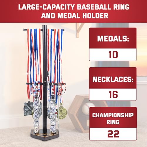 Baseball Ring Holder With Medal Hanger,Wooden Championship Memorabilia Display Holder Accessories,Baseball or Softball Drip Necklace Organizer Holder,Jewelry Organizer,23Inch x 8.6Inch