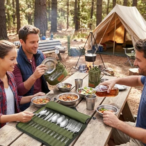 Wealers Unique Complete Messware Kit Polished Stainless Steel Dishes Set| Tableware| Dinnerware| Camping| Buffet| Includes - Cups | Plates| Bowls| Cutlery| Comes in Mesh Bags (4 Person Set) - color: Green