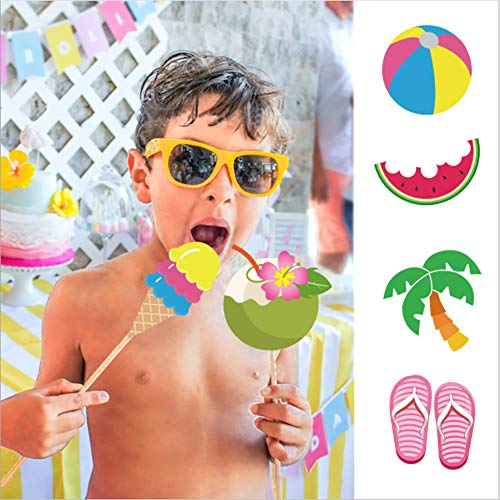 Summer Photo Booth Props(25CT),Pool,Hawaiian,Beach,Luau Photo Booth Props,Tropical Themed Party with Stick for Summer/Pool/Tiki/Tropical/Hawaiian Party Supplies