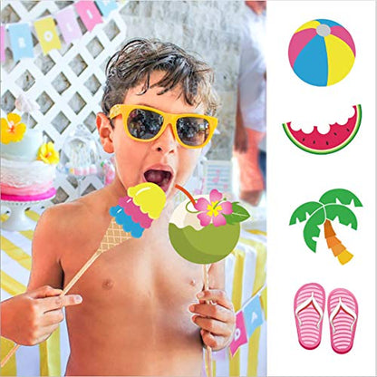 Summer Photo Booth Props(25CT),Pool,Hawaiian,Beach,Luau Photo Booth Props,Tropical Themed Party with Stick for Summer/Pool/Tiki/Tropical/Hawaiian Party Supplies