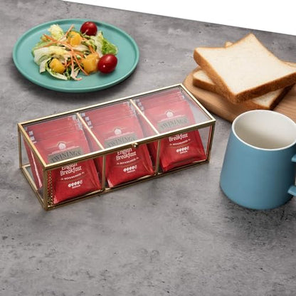 Feyarl Gold Glass Tea Bags Box Sea Shell Display Organizer Cosmetics Countertop Canister Box Jar Storage Glass Jewelry Trinket Ring Earring Box Container for Girl Women Gift