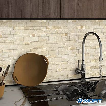 MOFIT Backsplash Tile for Kitchen Peel and Stick Stone Matte Finish,Bathroom Tiles Stickers 3D Wall Panel Linear Mosaic Marble Backsplash Waterproof(5sheets,Beige Gold) - color: Beige Gold, size: 5sheets
