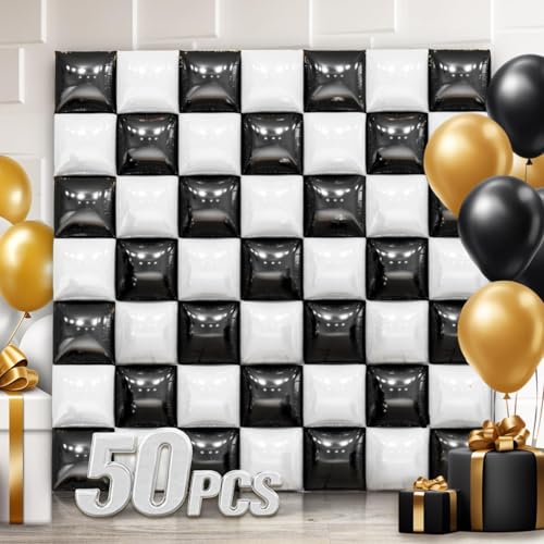 50 PCS Black and White Square Foil Balloon Wall, 19'' Double Sided Checkered Balloon Tunnel Arch Kit for Checkerboard Racing Themed Birthday Party, Bachelorette, Decoration - color: White and Black