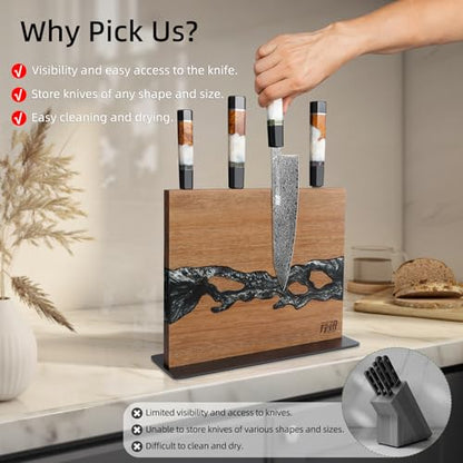 FINDKING Magnetic Knife Block, Double-Sided Knife Holder with Strong Magnets, Acacia Wood and Black White Resin, Countertop Kitchen Knife Storage Stand (12 × 10 Inches, Without Knives) - color: Black White