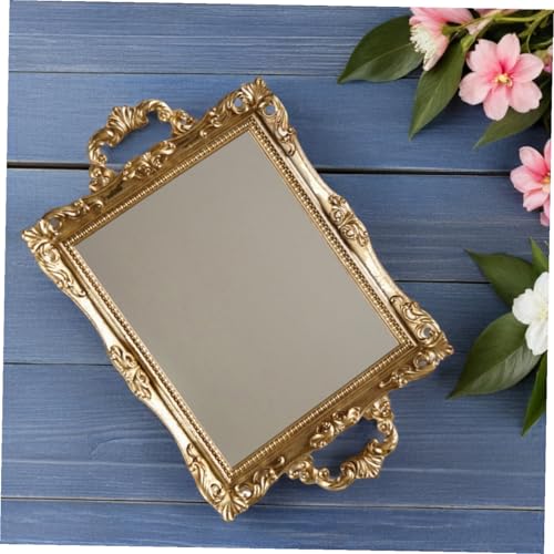 Nordic Style Golden Carved Mirror Tray for Wedding Storage and Dessert Display Resin Craft Ornament Photo Prop Vintage Inspired Decorative Plate for Living Party Hotel Use