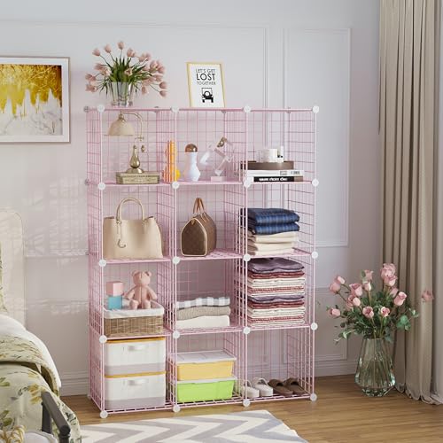 C&AHOME Wire Cube Storage, 12 - Cube Organizer Metal C Grids, Modular Shelves Units, Closet Organizer, Ideal for Home, Office, Living Room, 36.6”L x 12.4”W 48.4”H, Pink UWCS3012P - color: Pink